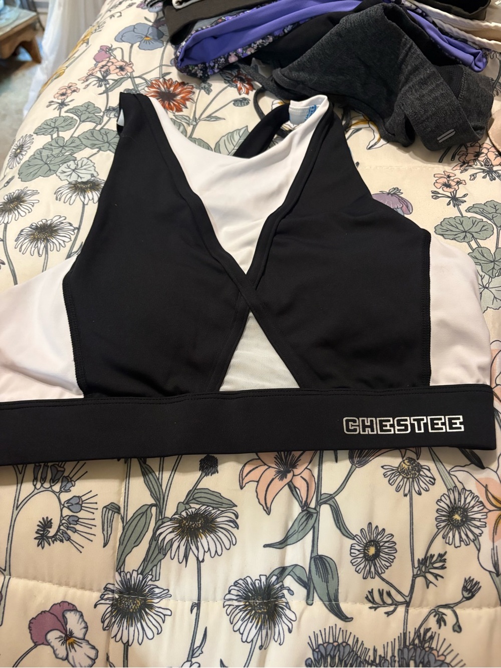 The Chestee Black & White Cross-Back Sports Bra